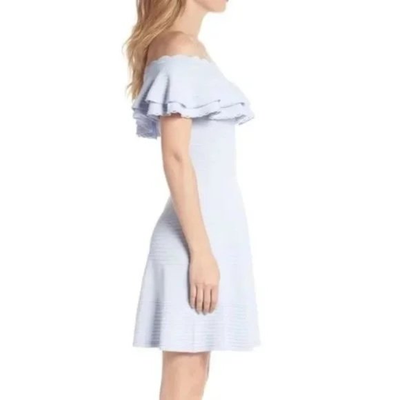 Knit Light Blue Off the Shoulder Fit & Flare Dress - Picture 3 of 8